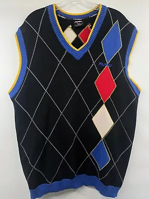 Vintage 90s Y2K FUBU Men's Size XXL Sweater Vest Black Blue Argyle/Diamond Knit • $29.74