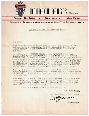 1940s Typed Letter Monarch Electric Ranges Beaver Dam Wisconsin • $12