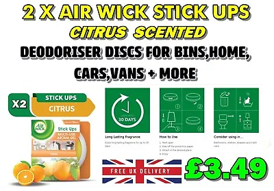 £3.14 • Buy 2 X Air Wick Stick Ups Air Freshener Citrus  Bin Home Car Deodoriser Van Shed +