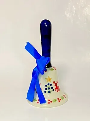Polish Pottery 4.5” Dinner Bell Christmas Reindeer Pine Trees Hand Painted • $22.50