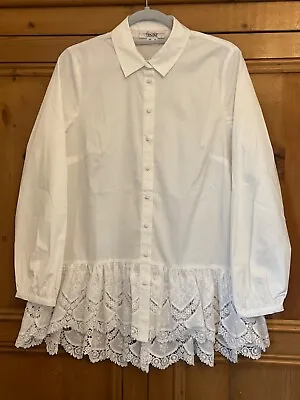 Linea Tesini Size 12 Oversized Fit 14 16 White Button Front Lace Hem Blouse TOP • £19.99