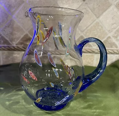 Hand Blown Art Glass Millefiori Blue Water Jug Pitcher Italy Applied Handle • $99.99