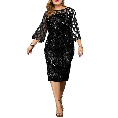 £20.29 • Buy Plus Size Womens Sexy Sequin Midi Dress Mesh Cocktail Evening Party Bodycon Gown