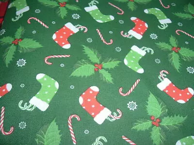 Vtg Christmas Small Stockings Holly Allover On Green Quilt Fabric 1Ydx43 #FF • $9.99