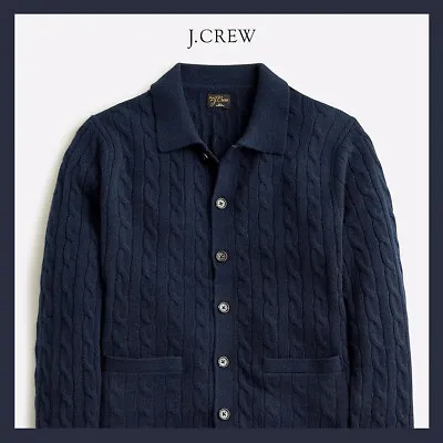 NWT - J. CREW Men 's Cashmere Cable-Knit Polo Cardigan Sweater Navy Sz XL • $167