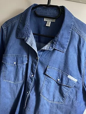 Calvin Klein Western Denim Shirt XL Button Up Pearl Snap Long Sleeve Blue  • £17.99