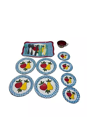 OHIO ART Tin Litho Tea Set Fruit Apple & Pear Pattern Vintage • $29.95