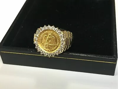 Mexican Dos Pesos Coin Wedding Ring 2 Ct Round Moissanite 14k Yellow Gold Plated • $112.50