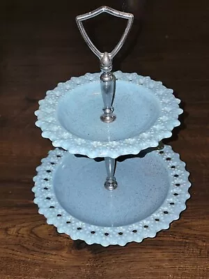 Vtg 2 Tier Tidbit Ceramic Cake Stand Dessert Cupcake Serving Tray USA BLUE • $34.99