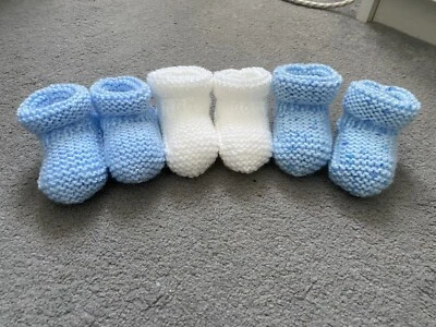 £5 • Buy New - Hand Knitted - 3 Pack Baby Bootees - Newborn - Blue, Blue Fleck, White