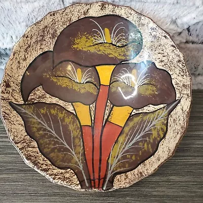 Mexican Folk Art Brown Iris Flowers Footed Pottery Bowl Glossy Trinket Dish • $18.95