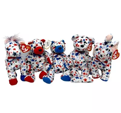 Lot Of 5 Ty Beanie Baby Patriotic Red White Blue Stars USA Righty Lefty 2004 • $29.99