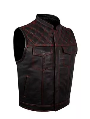 Mens Real Leather Motorcycle Vest Red Thread Zipper Front Diamond Padding • $109.99