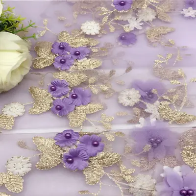 3D Embroidery Beaded Flower Tulle Lace Mesh Fabric DIY Wedding Dress Material 1M • £18.46