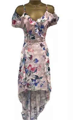 £31.99 • Buy Lipsy Floral Dress 12 Cold Shoulder Pink Boho Hi Low Party Occasion Wedding UK