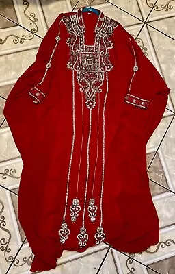 Moroccan Embroidered Kaftan TakchitaAbaya Size XXL Red V Neck Royalty • $150