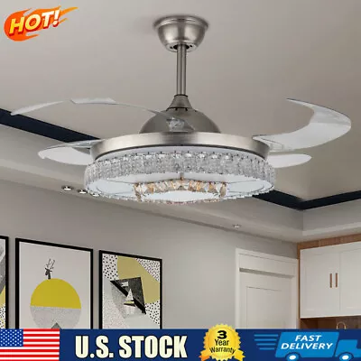 Retractable Ceiling Fan Light LED Chandelier Lamp + Remote Control Crystal  42'' • $95