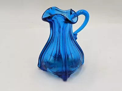 Vintage Pillar Molded Blue Glass Pitcher Triple Spout Pour Bubble Glass 5-1/2 H • $40