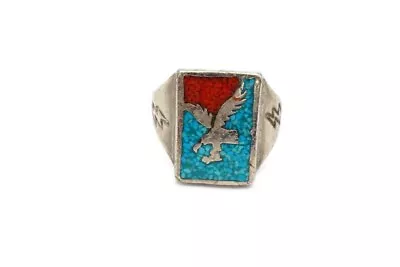 Vintage Biker Ring Silver Tone Turquoise Coral Eagle Lightening Mens Size 12.5 • $59.49