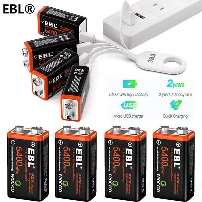 EBL 9 Volt Li-ion USB Rechargeable Batteries 5400mWh 9V Lithium Ion Battery Lot • $42.99