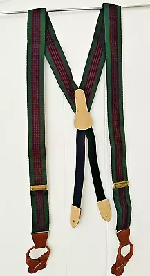 NEW Forest Green Grosgrain Suspenders Braces Button Closure Leather Trim Brass • $19.80
