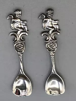 Vintage Cherub Handle Sterling Silver Pair Of Salt Spoons 2 1/8  Unknown Maker • $49