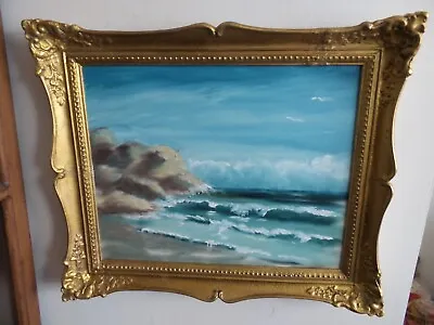 Antique Wood Gold Gesso Frame With Vintage Ocean Oil On Canvas • $99.99