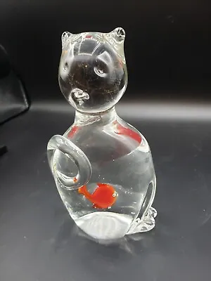 Murano Hand Blown Glass Cat With Fish In Side Belly.  4” Wide-7” Tall • $28