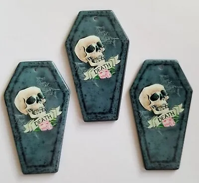 3 Acrylic Craft Pendants DEATH SKULL COFFIN Halloween Charm Jewellery Making • £3.50