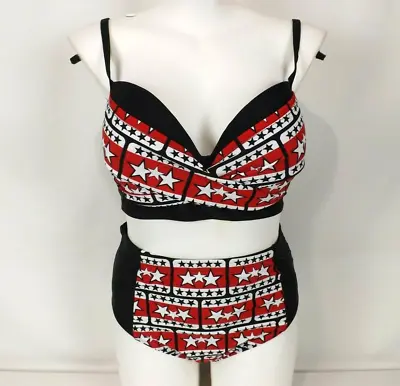 £16.05 • Buy Bikini Black Red White Stars Stripes Padded Bust Full Brief Size XXL Fit 18 20