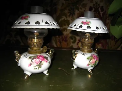 PAIR VINTAGE JAPANESE OIL LAMPS - 16.5 Cm- WORKING ORDER • £45