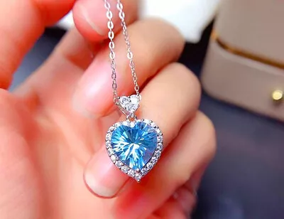 £3.95 • Buy Sky Blue Heart Pendant 925 Sterling Silver Necklace Chain Womens Jewellery Gifts