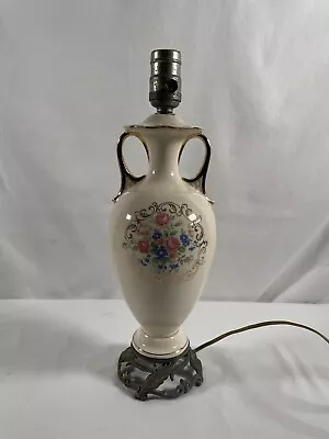 Vintage Ceramic Table Lamp Hand Painted Flowers Gold Trim #372 • $35