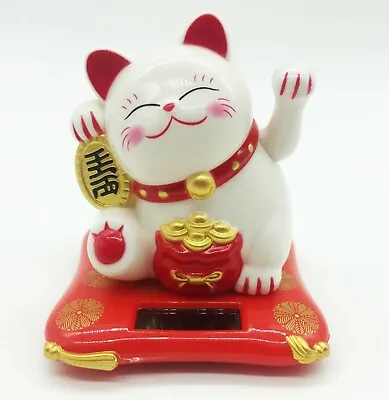 Solar Powered White Maneki Neko Beckoning Lucky Money Cat Dancing Toy USA Seller • $10.99