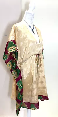 Retro CREAM Tunic Dress Kaftan  Cover Up Boho Hippy Festival Sari Silk UK 8 - 18 • $24.85