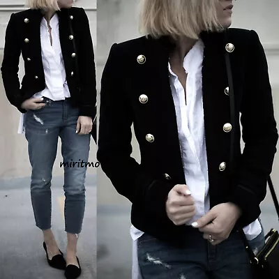 A643 Zara Short Blazer Black Military Velvet Gold Buttons Coat Jacket Medium - M • $99.99