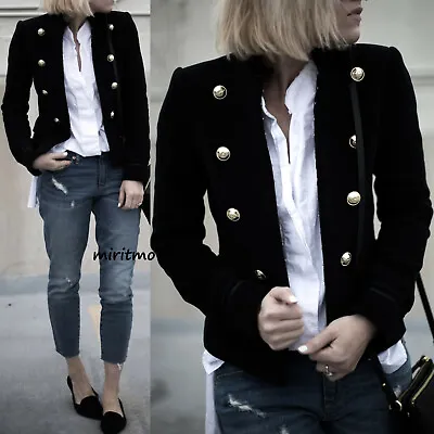 A667 Zara Short Blazer Black Military Velvet Gold Buttons Coat Jacket Small - S • $99.99