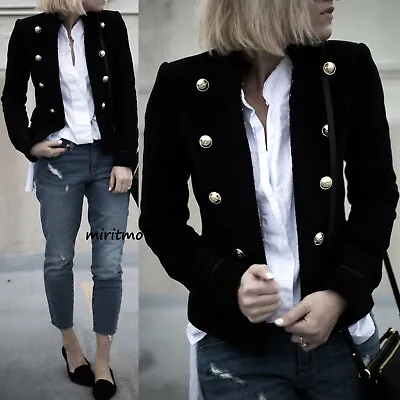 A981 Zara Short Blazer Black Military Velvet Gold Buttons Coat Jacket - Xs • $99.99