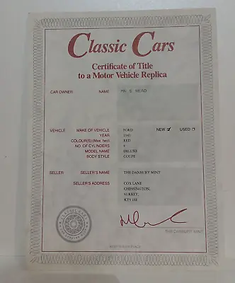 Danbury Mint Ford Coupe 1940 Certificate ONLY • £5.99