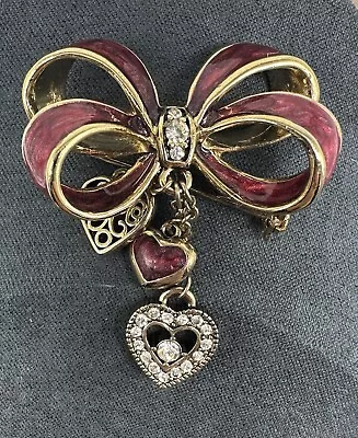 Vtg MONET Red Bow Brooch Pin Enameled Rhinestones Heart Charms Signed Gold Tone • $12