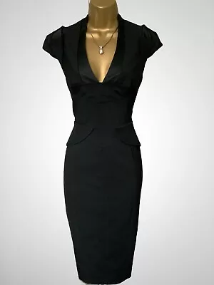 Karen Millen Size UK 14 VINTAGE TUXEDO WOOL PENCIL COCKTAIL DRESS IN BLACK • £109.99