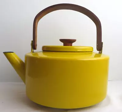 Vintage Capco Teapot Michael Lax 117 Yellow Enamel Kettle Spain Wood Handle • $19.99