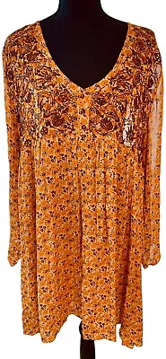 Zara Orange Floral Chiffon Tunic Dress Embroidered Lurex Stripes Lined Xl • $28