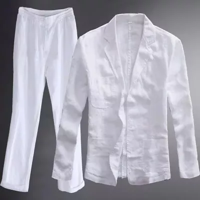 Men Linen Suit Spring Light Slim Handsome Cotton And Linen British Trousers 2pcs • $70.19