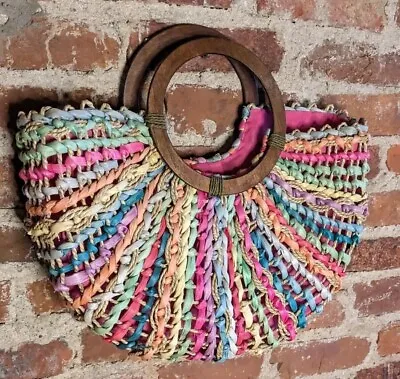 Vintage Cappelli Straworld Multicolor Raffia Handbag W/ Wood Handle • $25