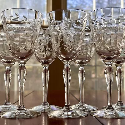 VTG Set/7 Small Crystal Goblets Sherry Or Wine Glasses Cut Floral Optic Bowl 3oz • $39