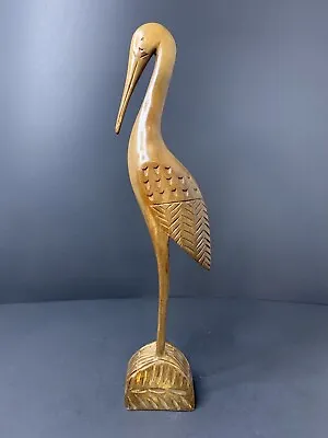 Vintage Crane Solid Wood Bird Figurine Elegant Carved Wooden Sculpture 11.5” • $55