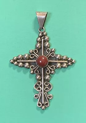Vintage Taxco STONE CROSS Pendant / Necklace Religious Charm .925 Silver MIM • $29.99