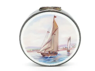 £350.78 • Buy Antique Sterling Silver Guilloche Enamel Powder Compact With Mirror, Ship Scene