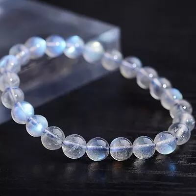 Natural Moonstone Stone Bracelet Ice Blue Gemstone Stretch Bracelet Handmade • $11.50